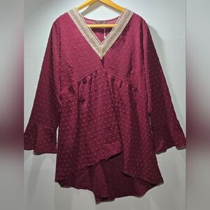 Bloomchic Burgundy Cream Embroidered V-Neck Women's Top size 18-20